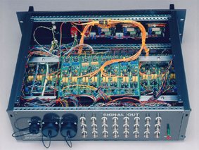 Front panel usually has depth transducer displays, calibration inputs, and gain controls.